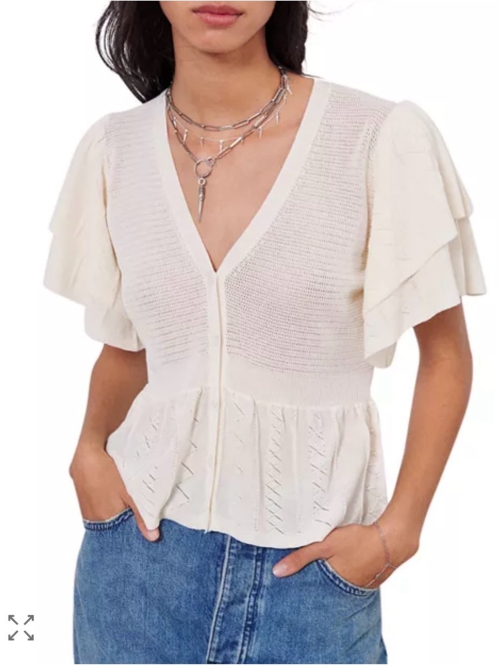 ba&sh Cream V-Neck Button Front Peplum Top - Picture 2 of 8